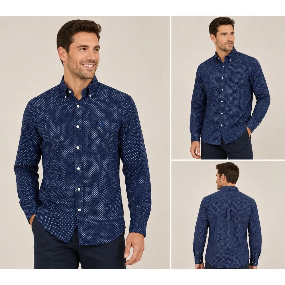 Polo Ralph Lauren Mens Classic Fit Performance Shirt Navy Diamond Print Large
